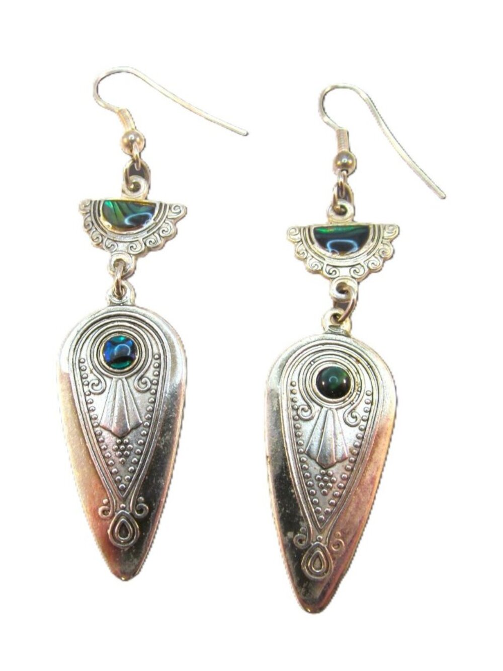 Vintage Bohemian Geometric Abalone Shell Inlay Silver Tone Dangle Drop Earrings